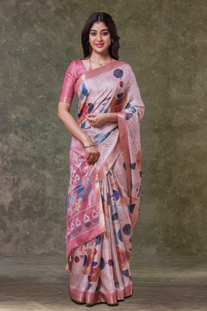 Sandal Dola Silk Saree Multi Color Geometric Print Across The Body With Shibori Floral Print Pallu Along With Zari Border