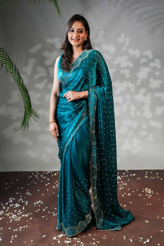 Green Stone work all over body designer saree with scallop design border matching blouse