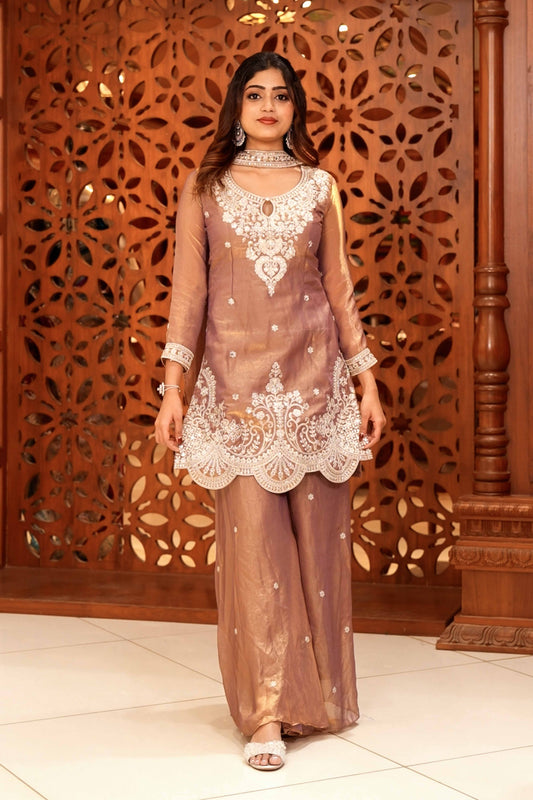 Peach floral embroidered sharara set with 3/4 sleeves, U-neck top and dupatta