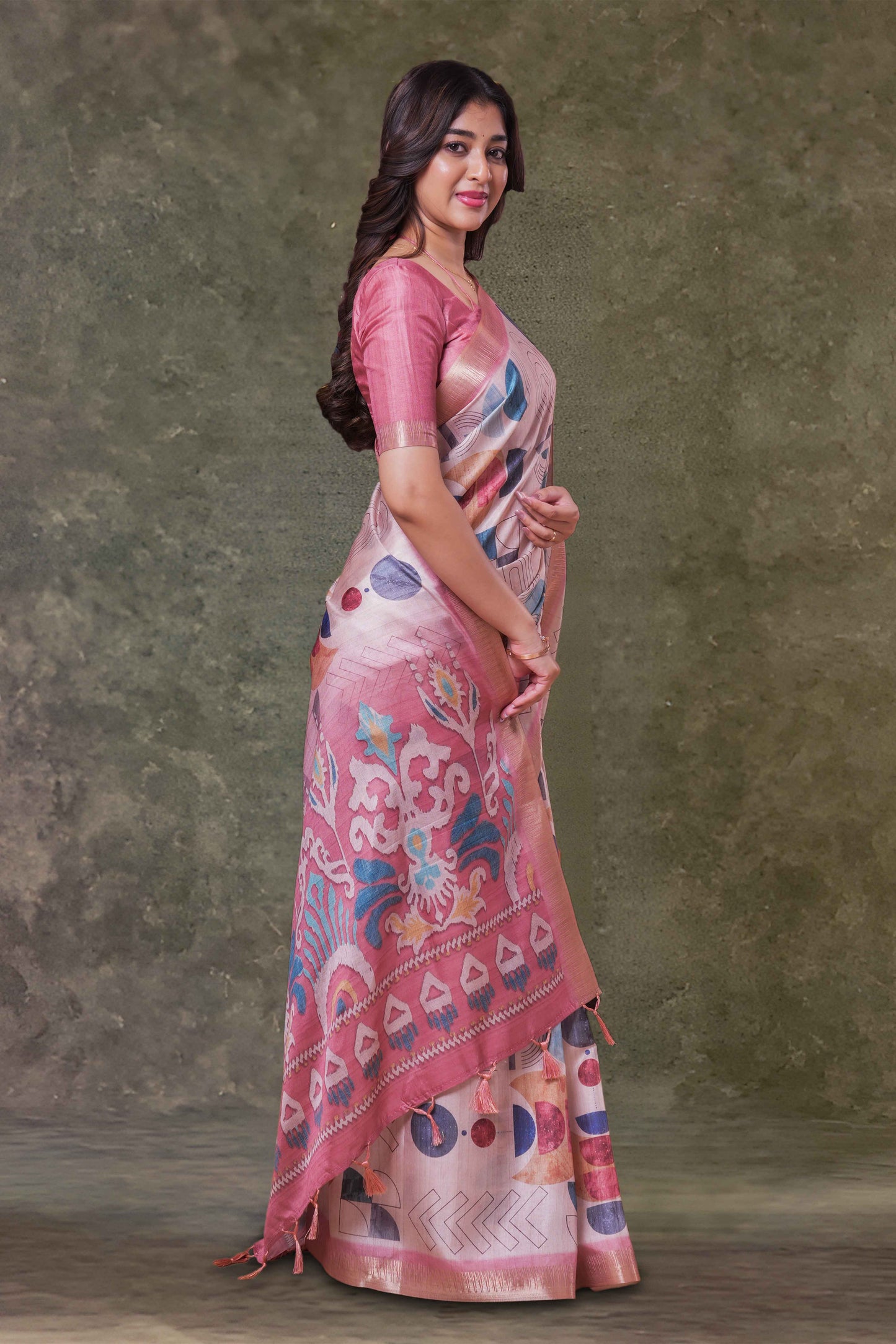 Sandal Dola Silk Saree Multi Color Geometric Print Across The Body With Shibori Floral Print Pallu Along With Zari Border