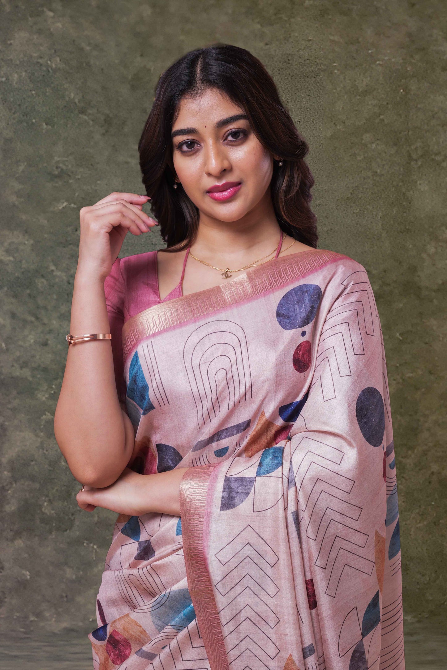 Sandal Dola Silk Saree Multi Color Geometric Print Across The Body With Shibori Floral Print Pallu Along With Zari Border