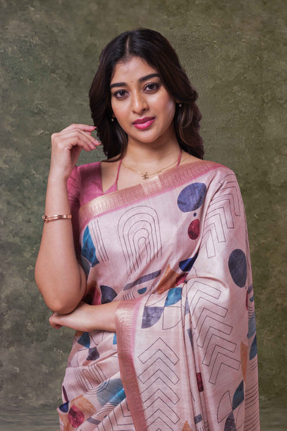 Sandal Dola Silk Saree Multi Color Geometric Print Across The Body With Shibori Floral Print Pallu Along With Zari Border