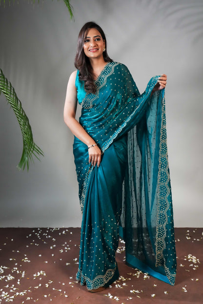 Green Stone work all over body designer saree with scallop design border matching blouse