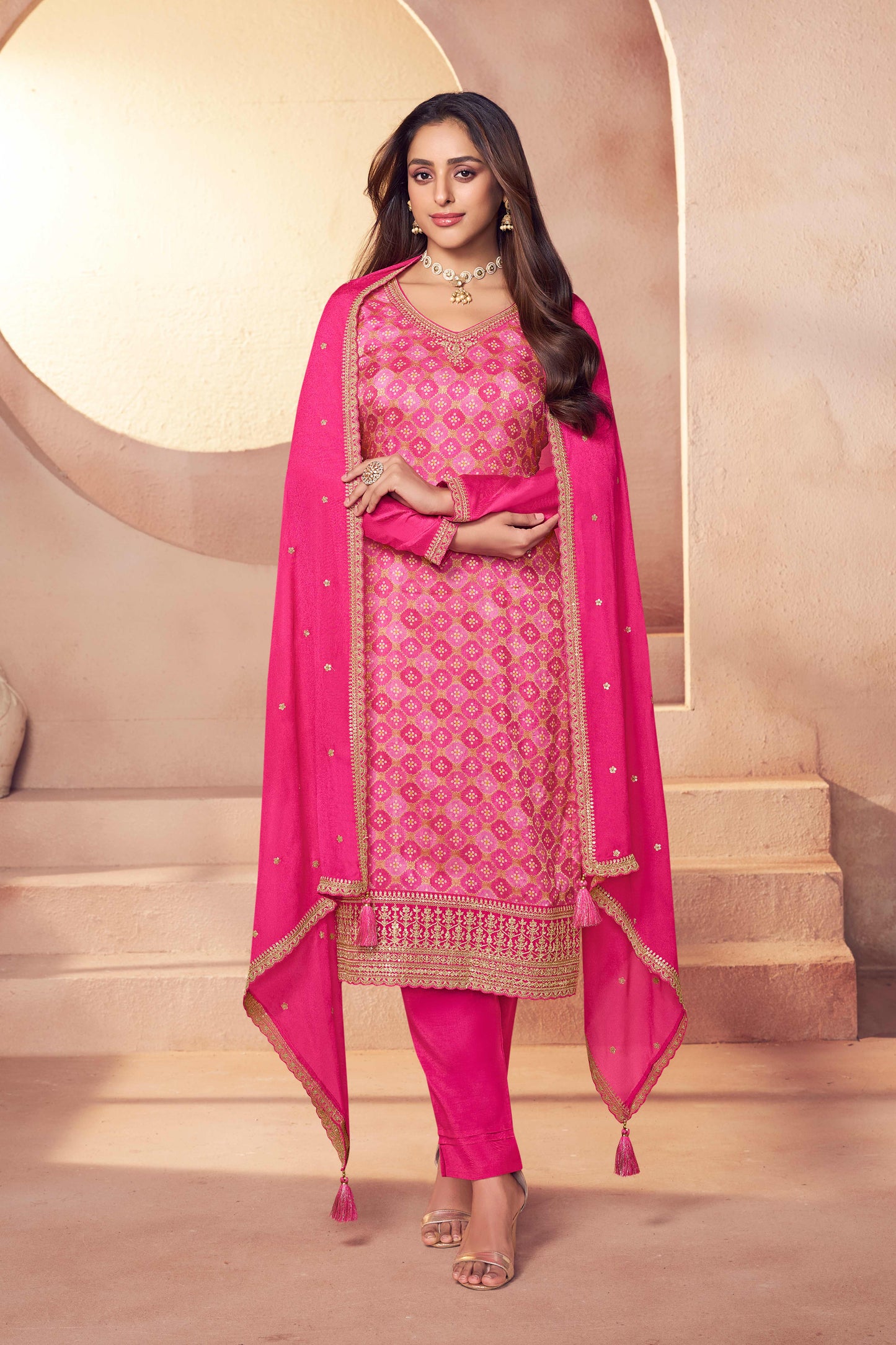 Pink jacquard moga silk embroidered chudidhar material with dupatta