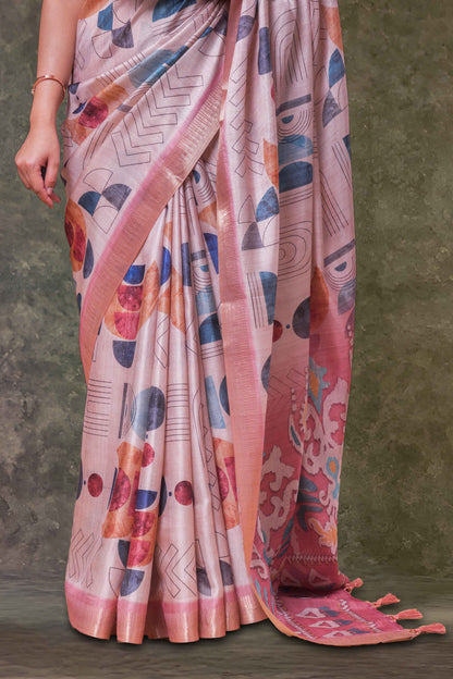 Sandal Dola Silk Saree Multi Color Geometric Print Across The Body With Shibori Floral Print Pallu Along With Zari Border
