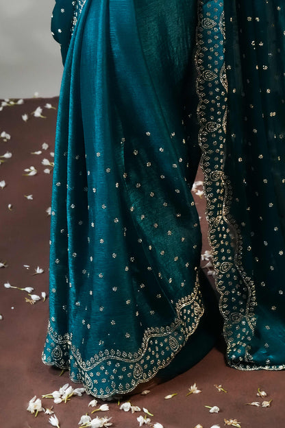 Green Stone work all over body designer saree with scallop design border matching blouse