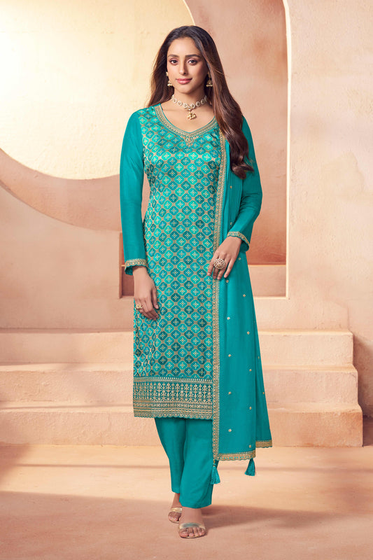 Peacock green jacquard moga silk embroidered chudidhar material with dupatta