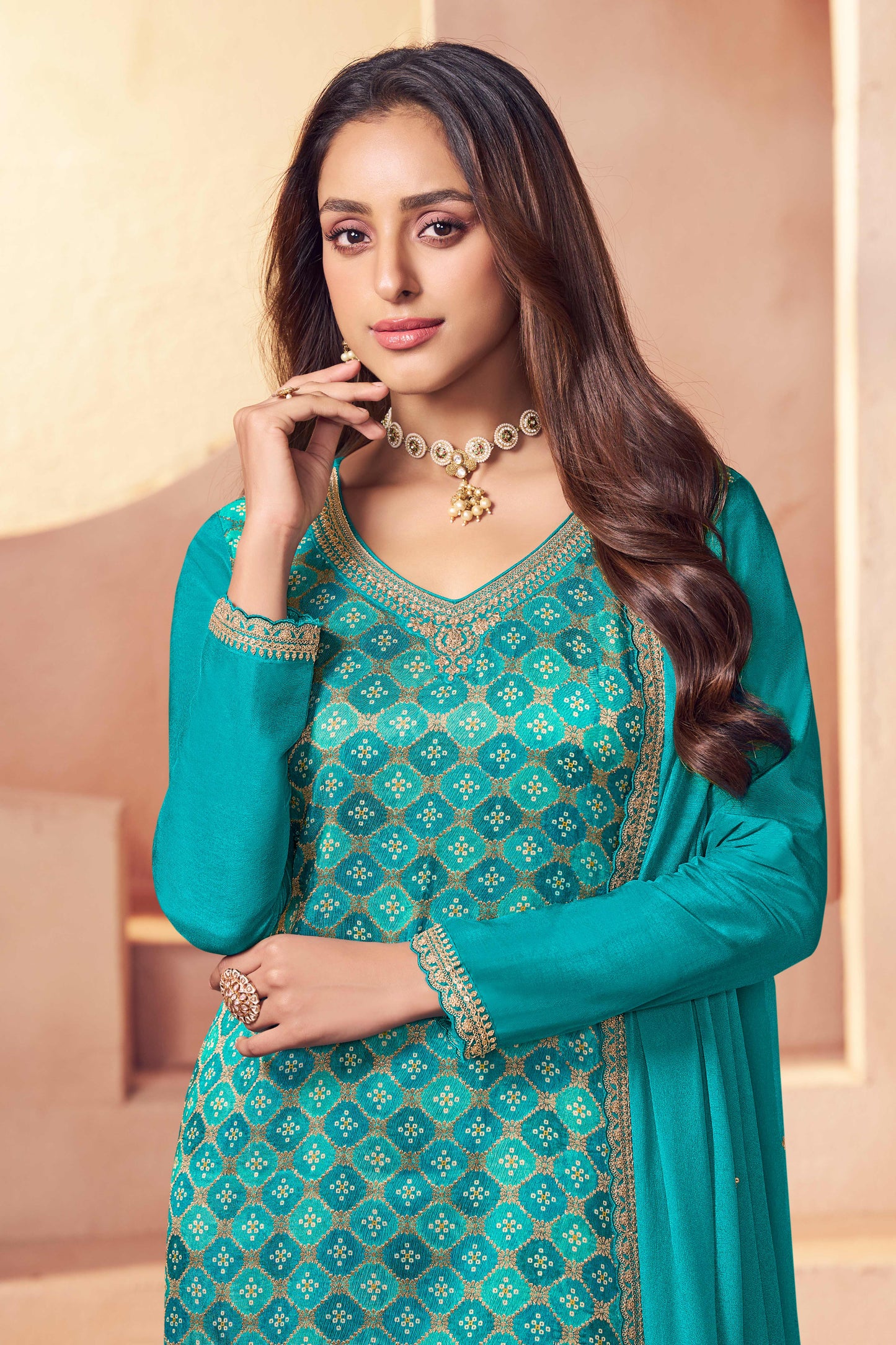 Peacock green jacquard moga silk embroidered chudidhar material with dupatta