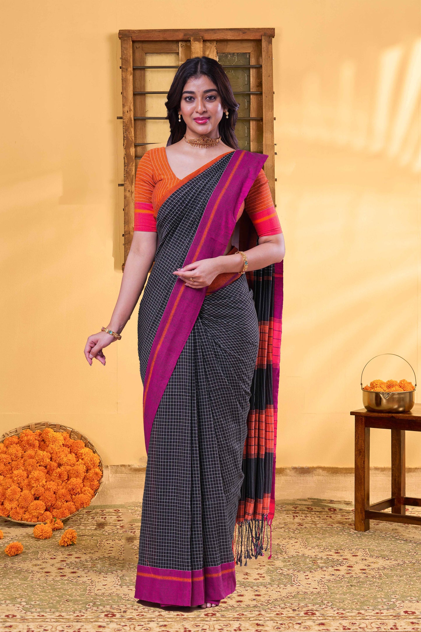 Black Khadi Cotton Saree Check Across The Body With Contrast Pallu