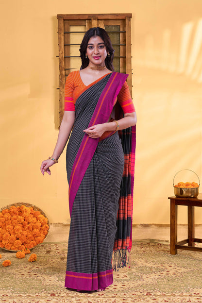 Black Khadi Cotton Saree Check Across The Body With Contrast Pallu