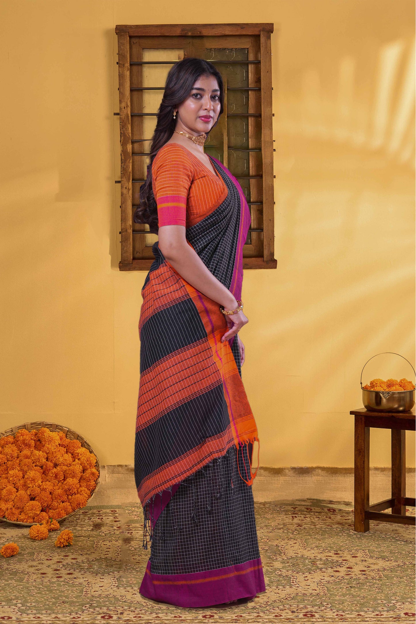 Black Khadi Cotton Saree Check Across The Body With Contrast Pallu