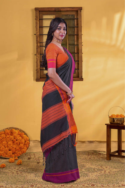 Black Khadi Cotton Saree Check Across The Body With Contrast Pallu