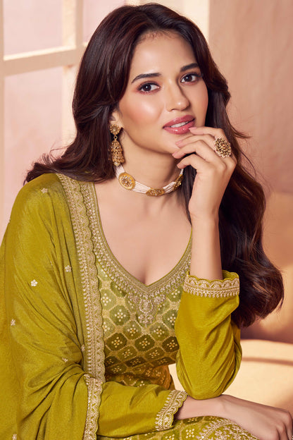 Green jacquard moga silk embroidered chudidhar material with dupatta