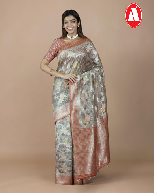 Pale Green Printed Exquisite Design On Its Body, Unique Plain Border And Self Blouse