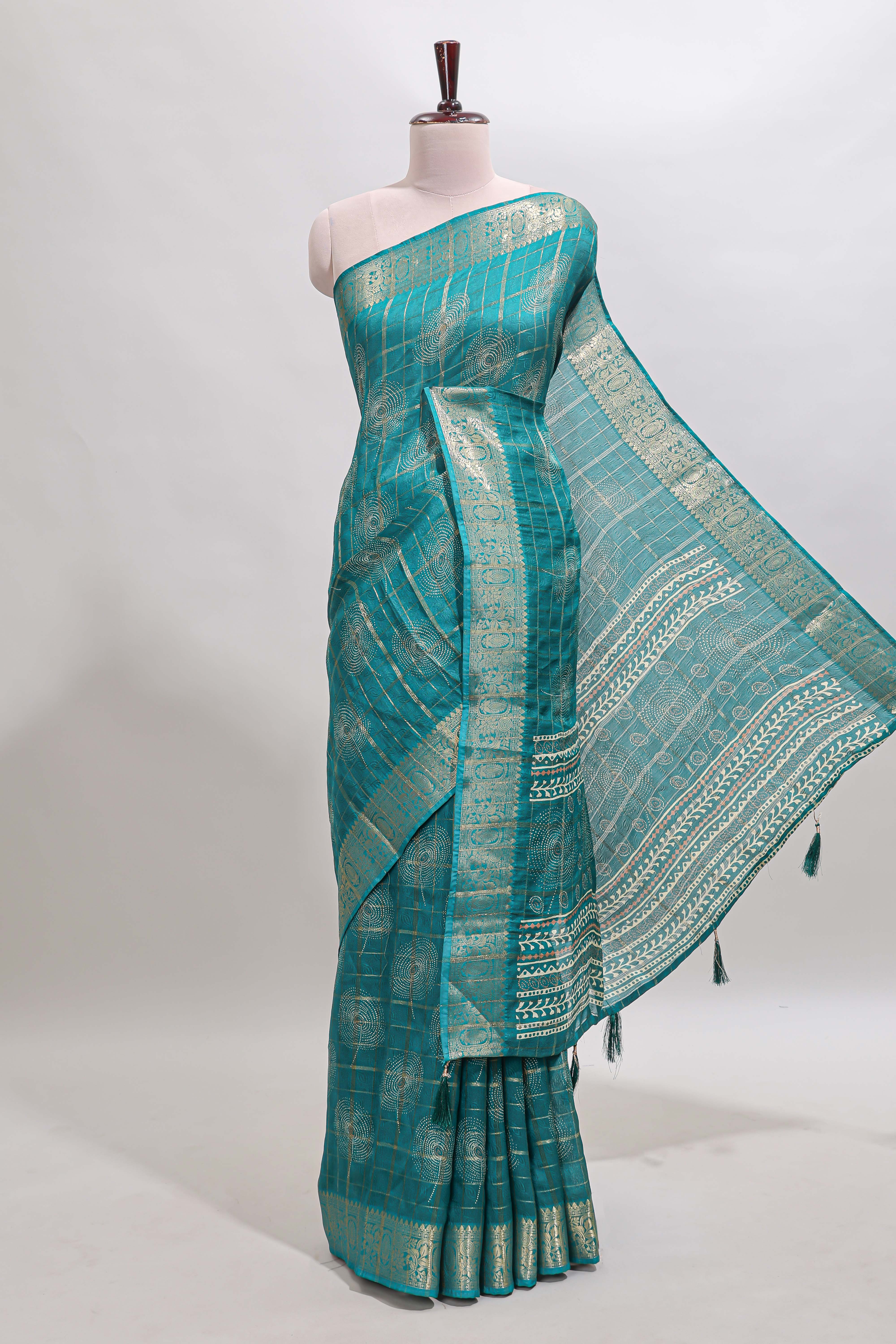Green checked floral design dola silk saree with self zari border and matching blouse