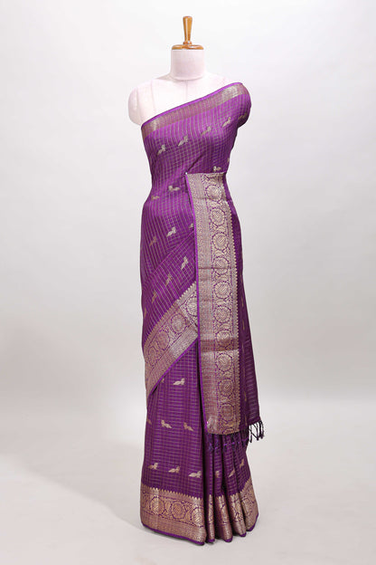 Purple checks zari butta art raw silk saree with self zari border and pallu