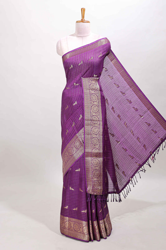 Purple checks zari butta art raw silk saree with self zari border and pallu