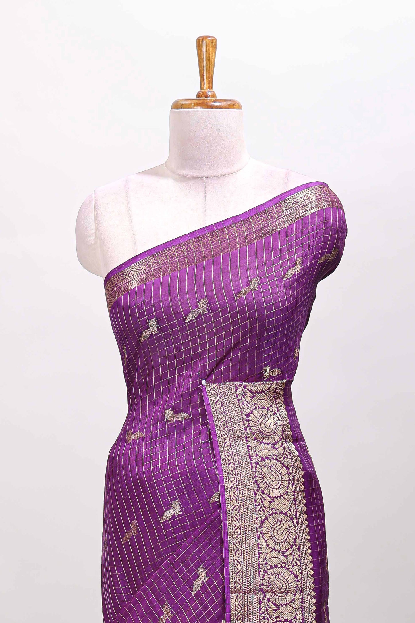 Purple checks zari butta art raw silk saree with self zari border and pallu