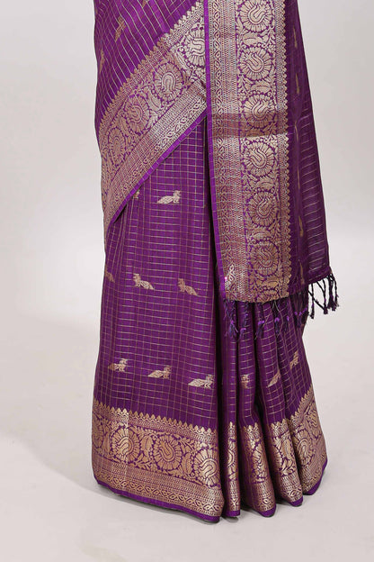 Purple checks zari butta art raw silk saree with self zari border and pallu