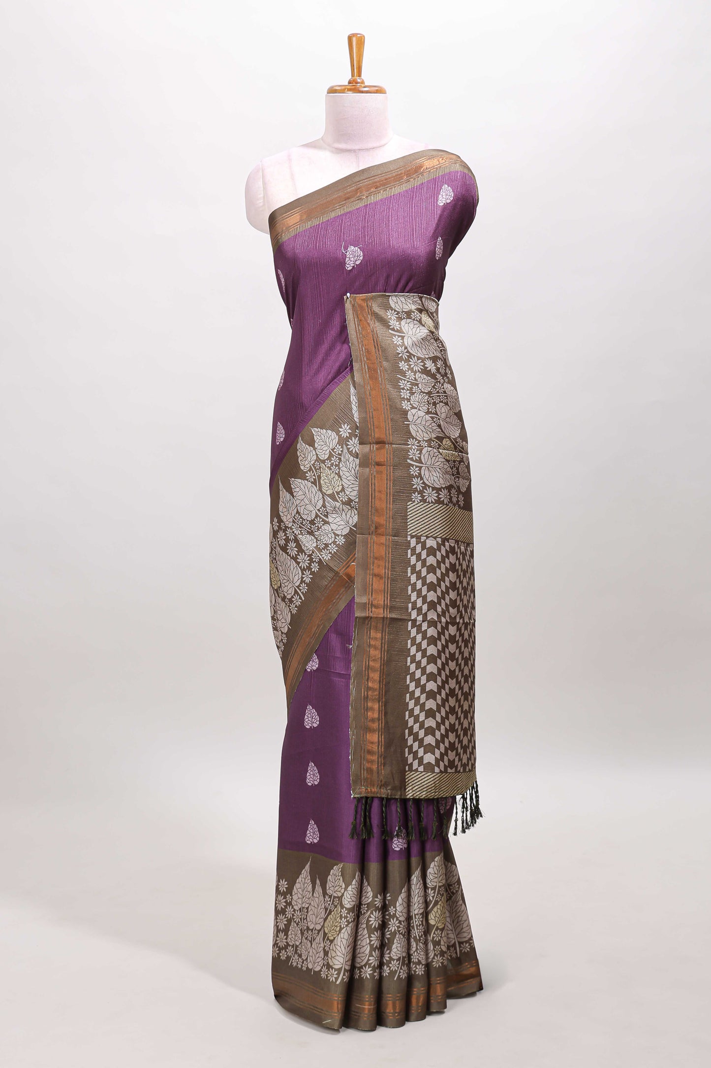 Purple leaf print semi tussar saree with contrast border and geometric pallu