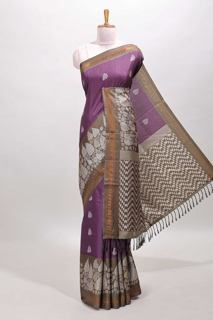 Purple leaf print semi tussar saree with contrast border and geometric pallu