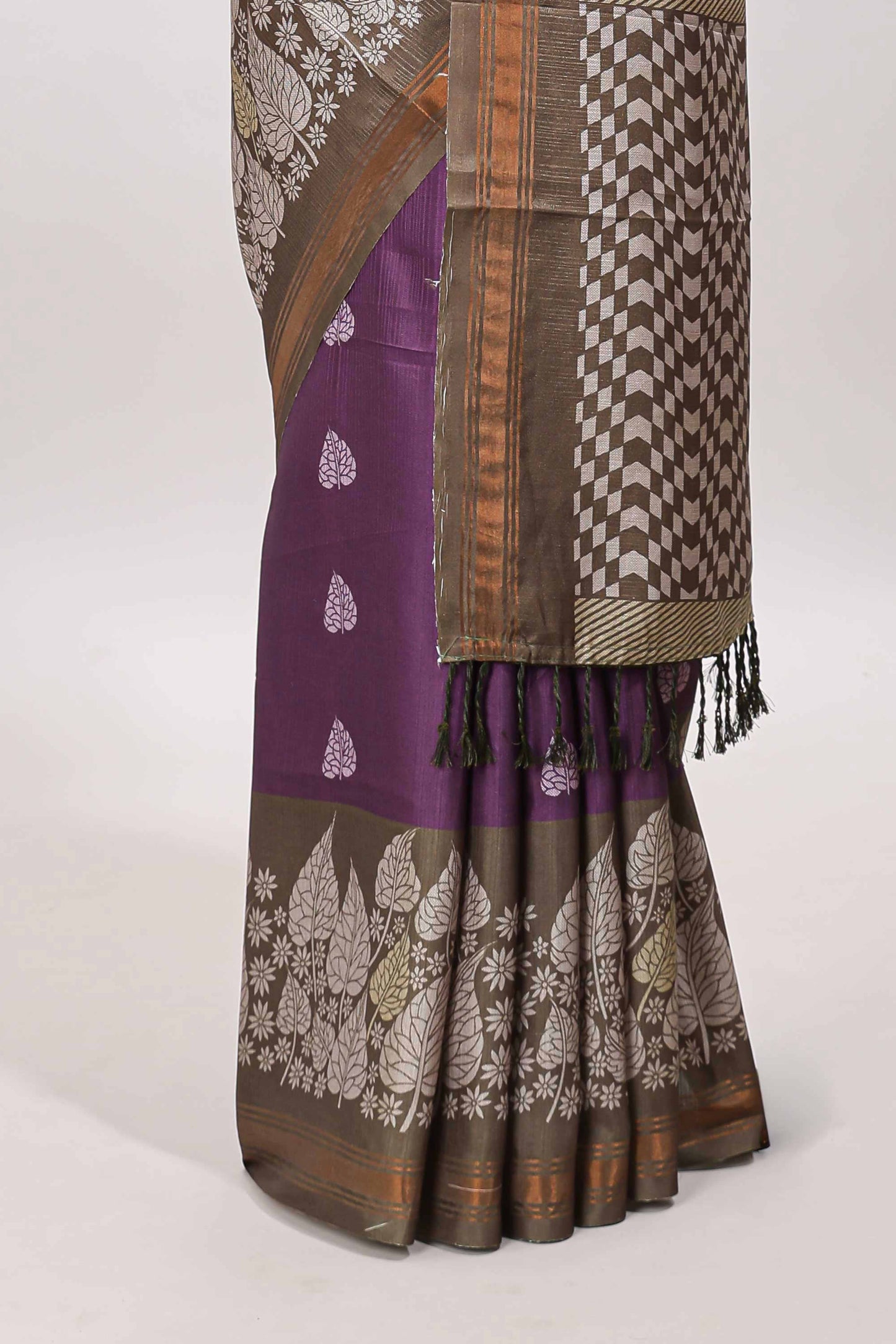 Purple leaf print semi tussar saree with contrast border and geometric pallu