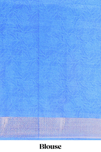 Aqua blue marsh georgette saree with artistic floral digital prints, self zari border and pallu, paired with a matching  blouse