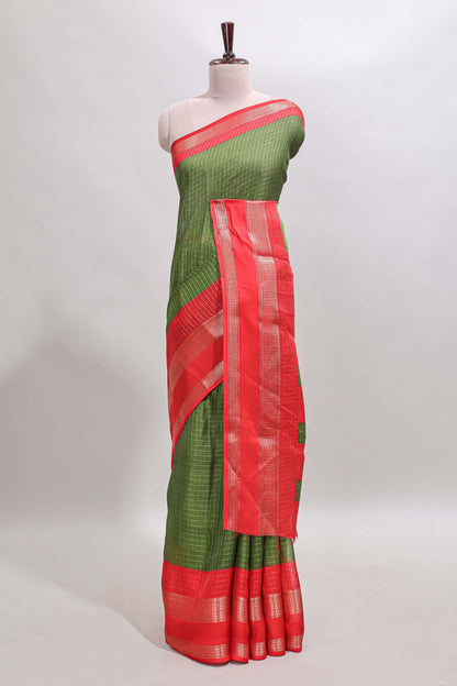 Green checked dola silk saree with contrast zari bentex border and blouse