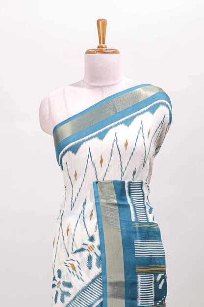 White geometric design ikkat style linen cotton saree with contrast border and striped blouse