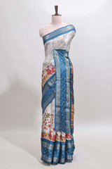 Off white kalamkari design dola silk saree with contrast bentex border and printed blouse