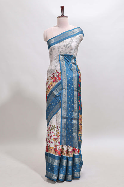 Off white kalamkari design dola silk saree with contrast bentex border and printed blouse