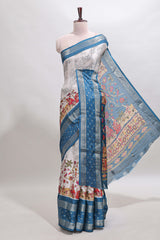 Off white kalamkari design dola silk saree with contrast bentex border and printed blouse