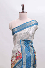 Off white kalamkari design dola silk saree with contrast bentex border and printed blouse