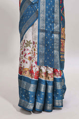 Off white kalamkari design dola silk saree with contrast bentex border and printed blouse