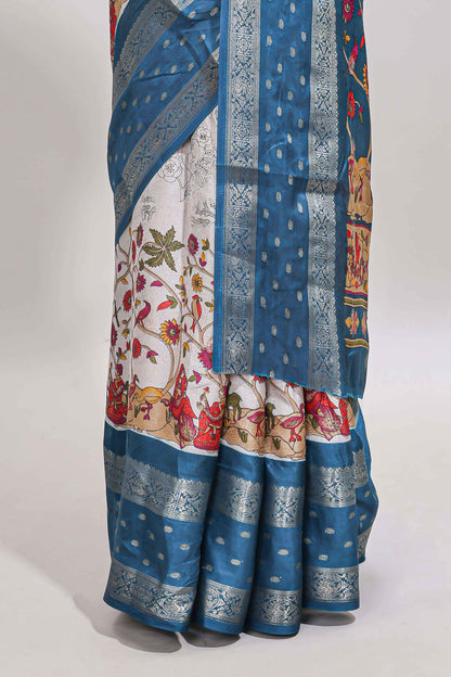 Off white kalamkari design dola silk saree with contrast bentex border and printed blouse