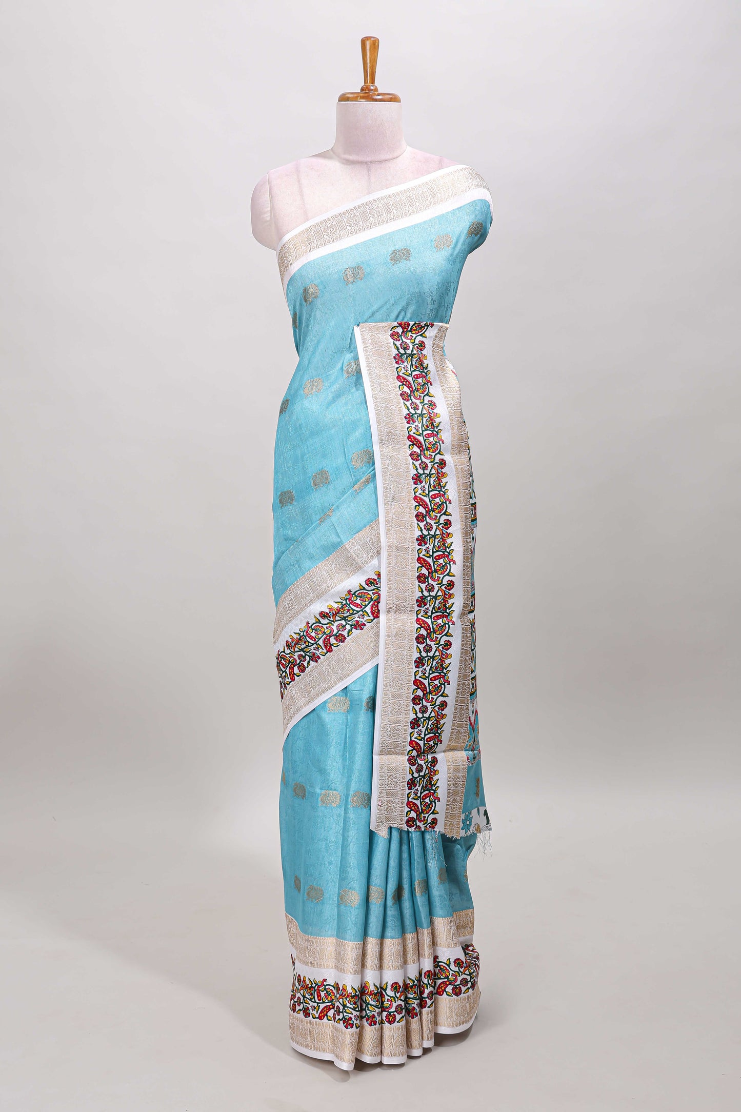 Blue peacock zari motifs dola silk saree with contrast bentex birds and floral vines border and pallu