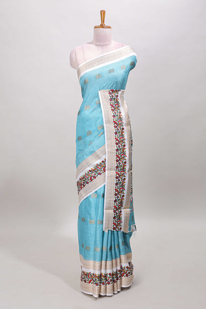 Blue peacock zari motifs dola silk saree with contrast bentex birds and floral vines border and pallu