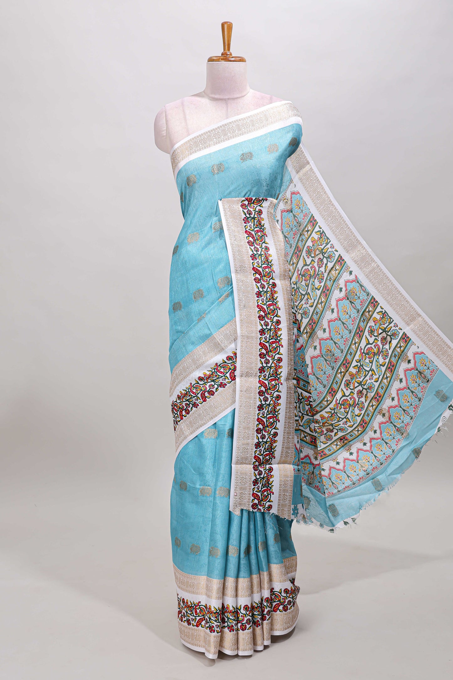 Blue peacock zari motifs dola silk saree with contrast bentex birds and floral vines border and pallu