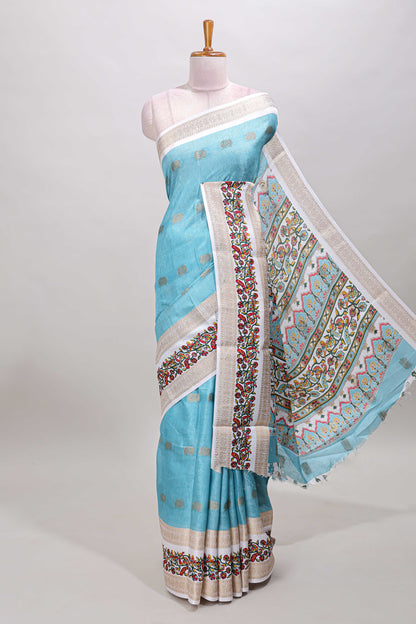 Blue peacock zari motifs dola silk saree with contrast bentex birds and floral vines border and pallu