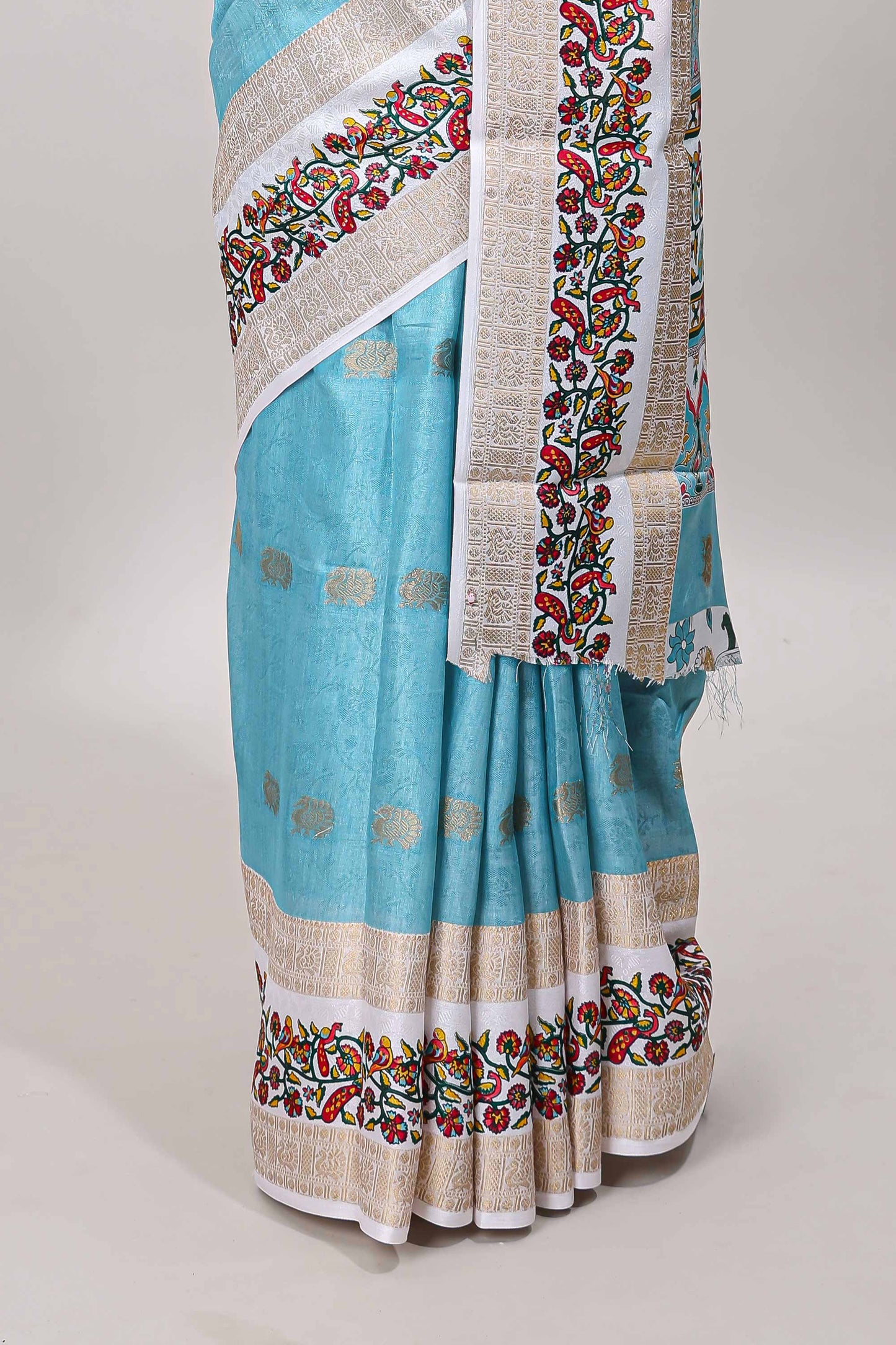 Blue peacock zari motifs dola silk saree with contrast bentex birds and floral vines border and pallu