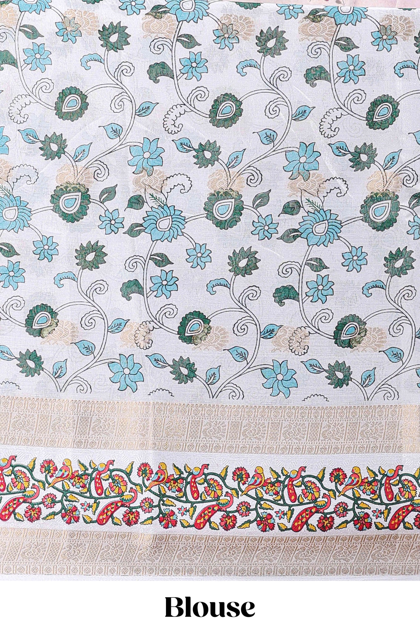 Blue peacock zari motifs dola silk saree with contrast bentex birds and floral vines border and pallu