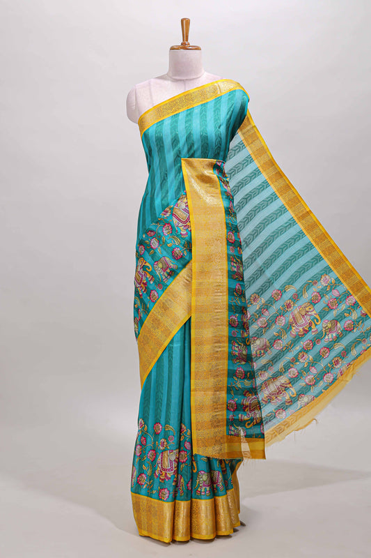 Peacock blue striped floral and elephant themed marsh georgette saree with contrast zari border and printed pallu