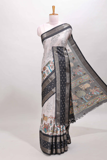 White traditional kalamkari themed marsh georgette saree with contrast black bentex zari border and pallu
