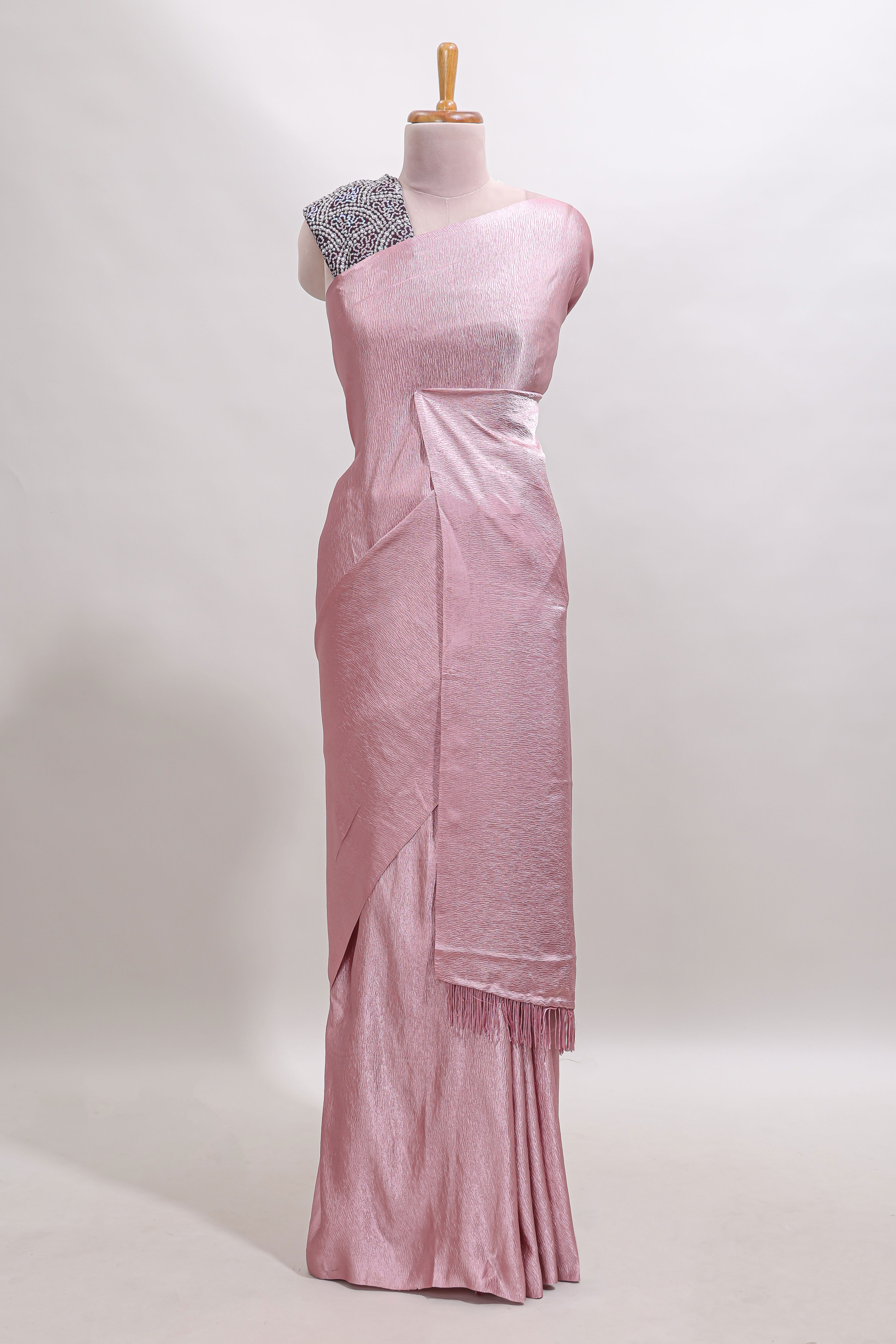Borderless pink plain chiffon saree with contrast embroidery blouse
