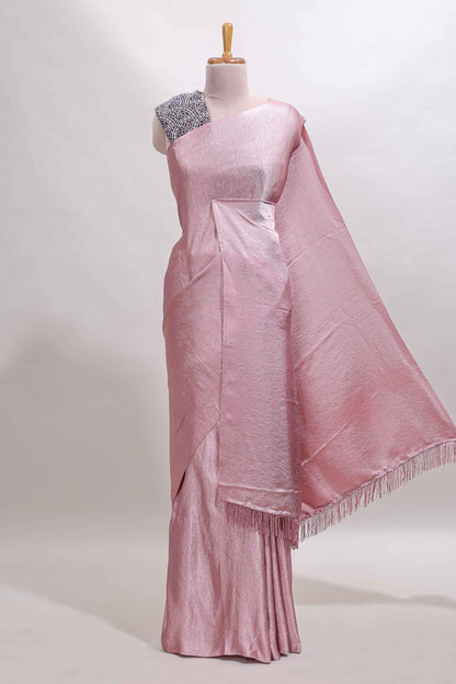 Borderless pink plain chiffon saree with contrast embroidery blouse