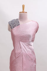 Borderless pink plain chiffon saree with contrast embroidery blouse