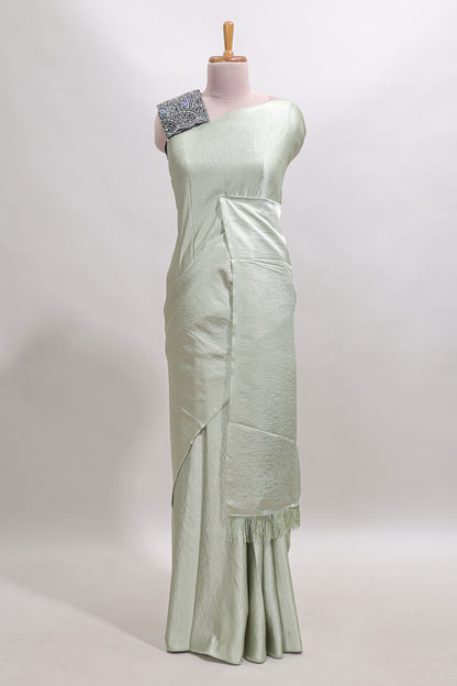 Borderless green plain chiffon saree with contrast embroidery blouse