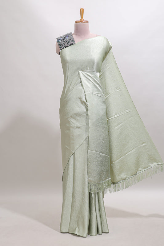 Borderless green plain chiffon saree with contrast embroidery blouse