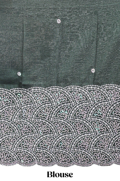 Borderless green plain chiffon saree with contrast embroidery blouse
