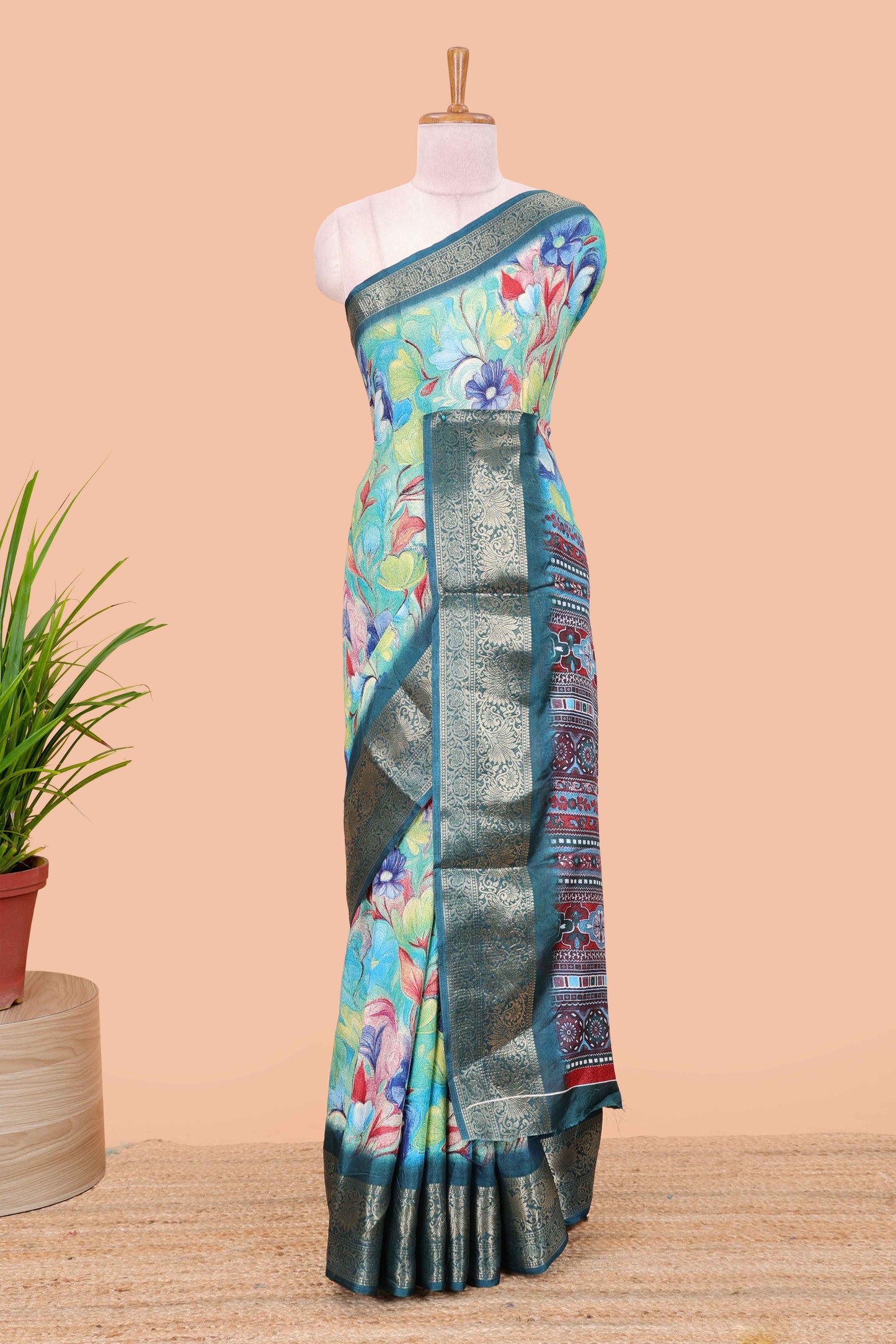 Multicolour moss chiffon floral print saree with contrast pallu and border